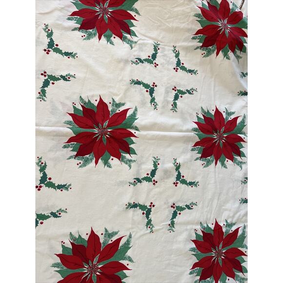Vtg Christmas Red Poinsettia Holly Tablecloth 84x51” Rectangular Fabric FLAWS - Picture 3 of 16